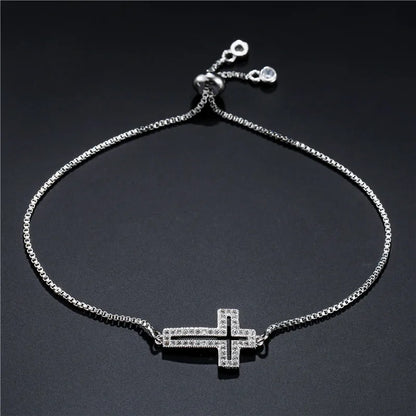 Bracelet Chaîne Cuivre Zircon Croix – Or & Argent Ajustable Unisexe Soirée