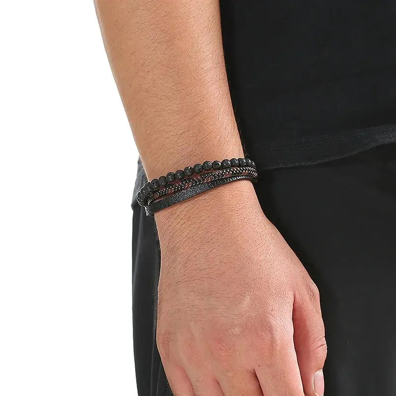 Bracelet Cuir Tressé Multicouche Punk – Boucle Magnétique Croix Homme