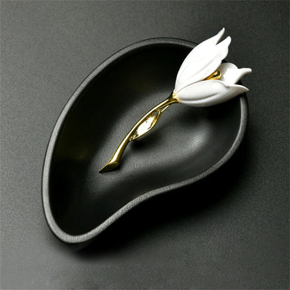 Broche Fleur Tulipe Émaillée Rose Blanc Luxueuse – Pin's Élégant Romantique Femme