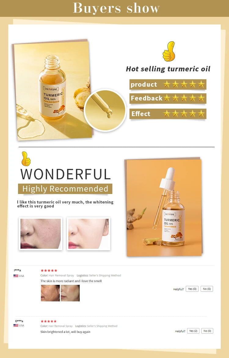 Huile Curcuma 100% Pure 10ml - Sérum Anti-Âge Rides Éclaircissant Taches Brunes Ridules Visage Femme