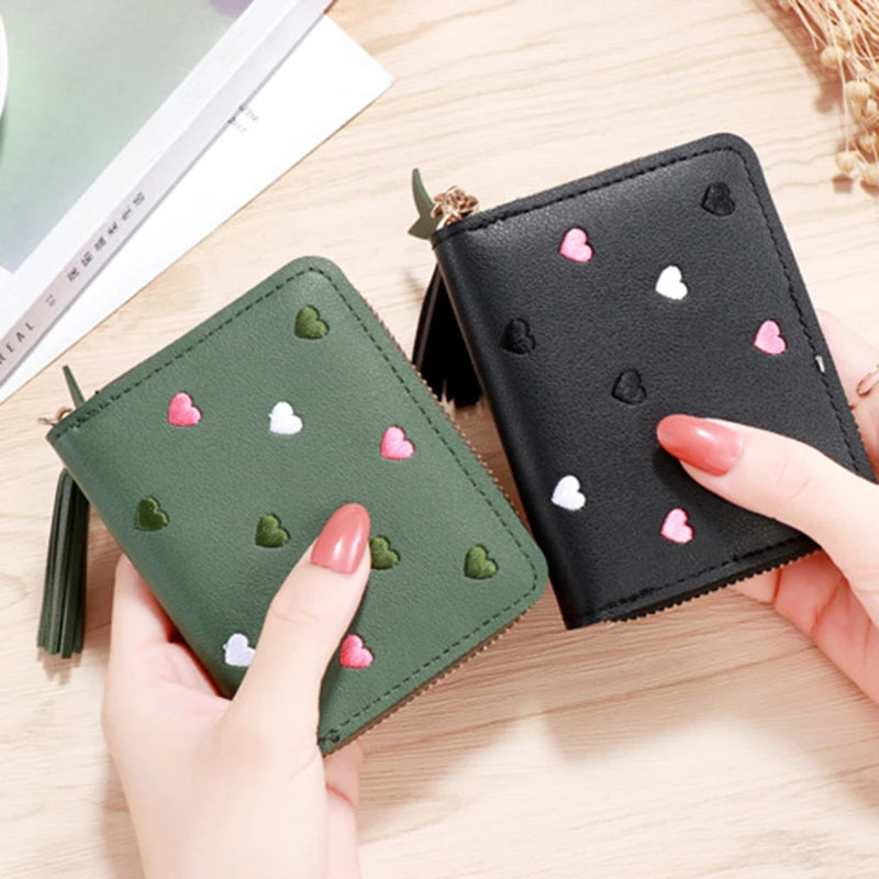 Portefeuille Femme Mini Court Pompon Zippé - Porte-Monnaie Cuir PU Cute Porte-Carte Main Vert