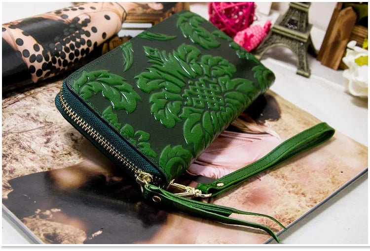 Portefeuille Femme Cuir Véritable Vintage Floral - Grande Capacité Clutch Pochette en Cuir de Vache