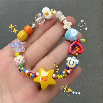Bracelet Perles Chat Noir Cartoon Cœur Étoiles Strass – Charm Mignon Tendance Femme