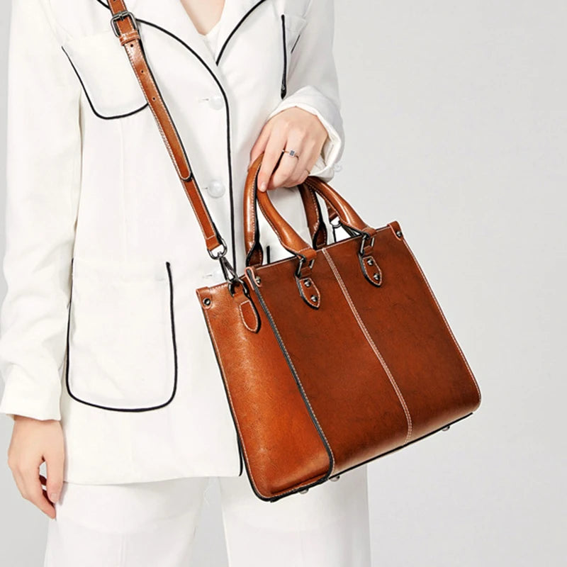 Sac Tote Femme Cuir Véritable Vachette - Grande Capacité Shopping Office 2026