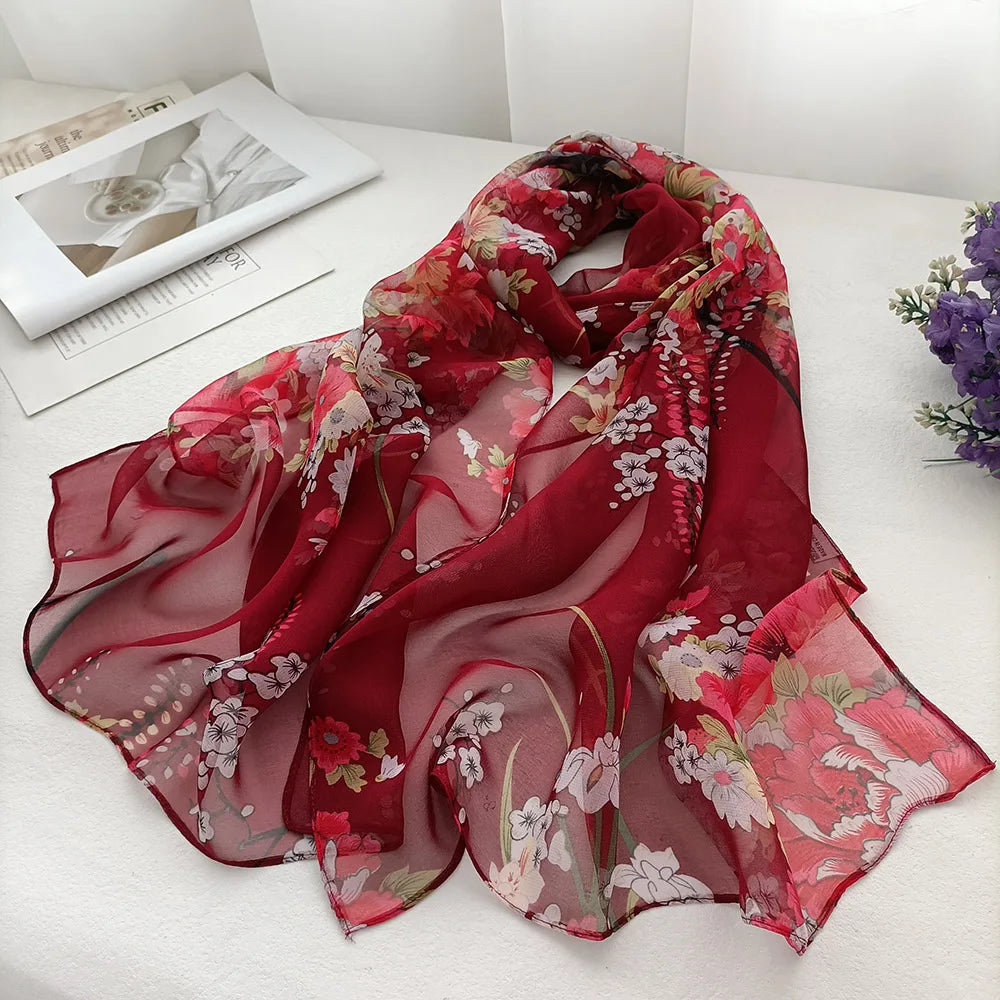 Foulard Écharpe Mousseline Georgette Femme Fleur Prune - Bandana Été Léger Respirant