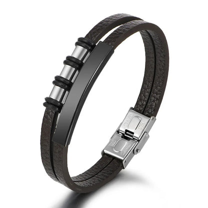 Bracelet Enroulé en Cuir pour Homme avec Charm en Acier Inoxydable