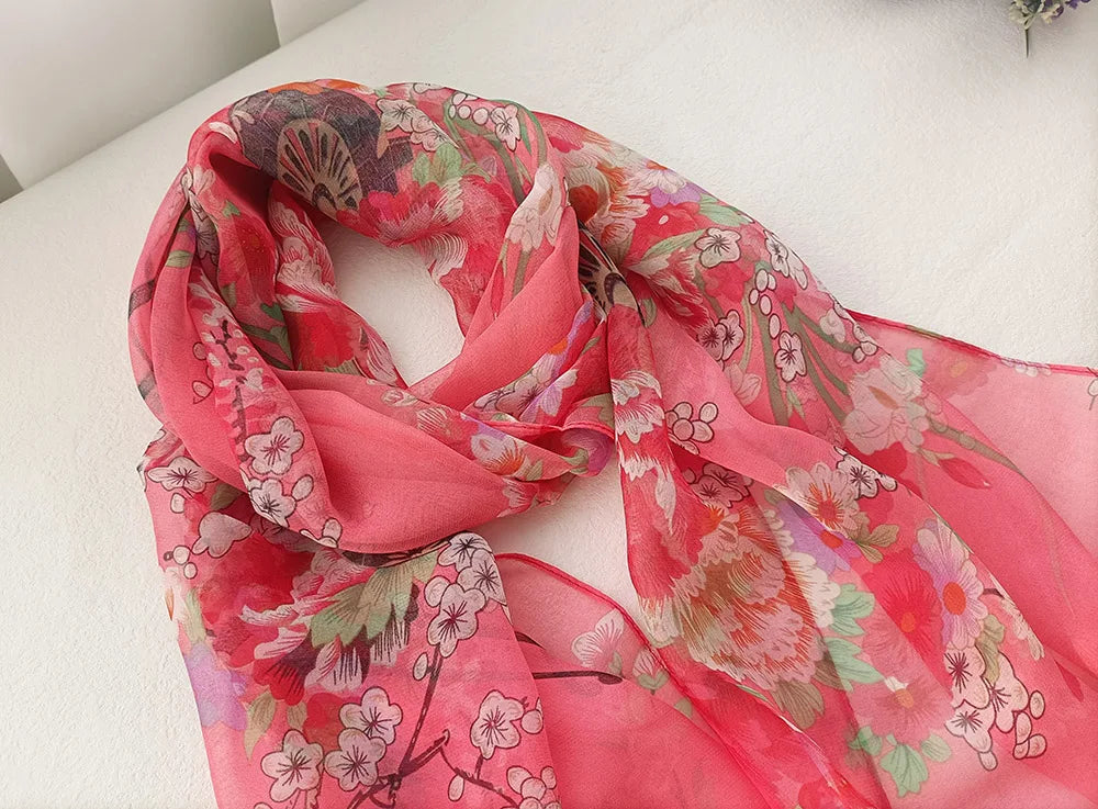 Foulard Écharpe Mousseline Georgette Femme Fleur Prune - Bandana Été Léger Respirant