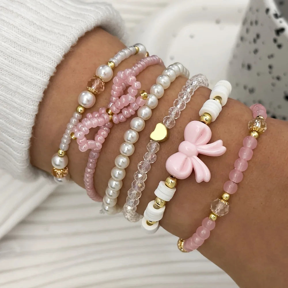 Ensemble 6 Bracelets Roses Nœuds Cœurs Y2K – Perles Acrylique Bohème