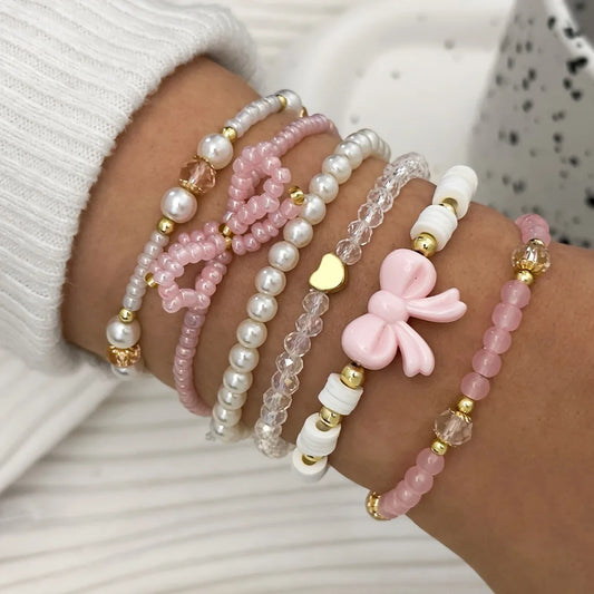 Ensemble 6 Bracelets Roses Nœuds Cœurs Y2K – Perles Acrylique Bohème