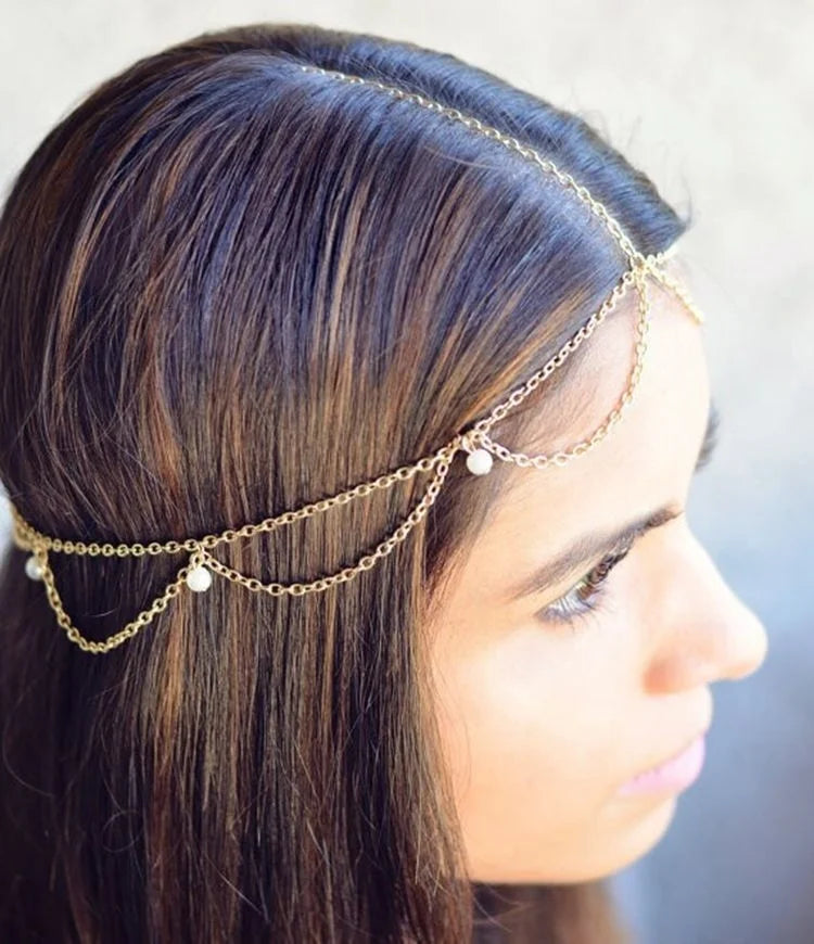 Bijou de Tête Indien Perles Mariée – Chaîne Cheveux Bohème Mariage