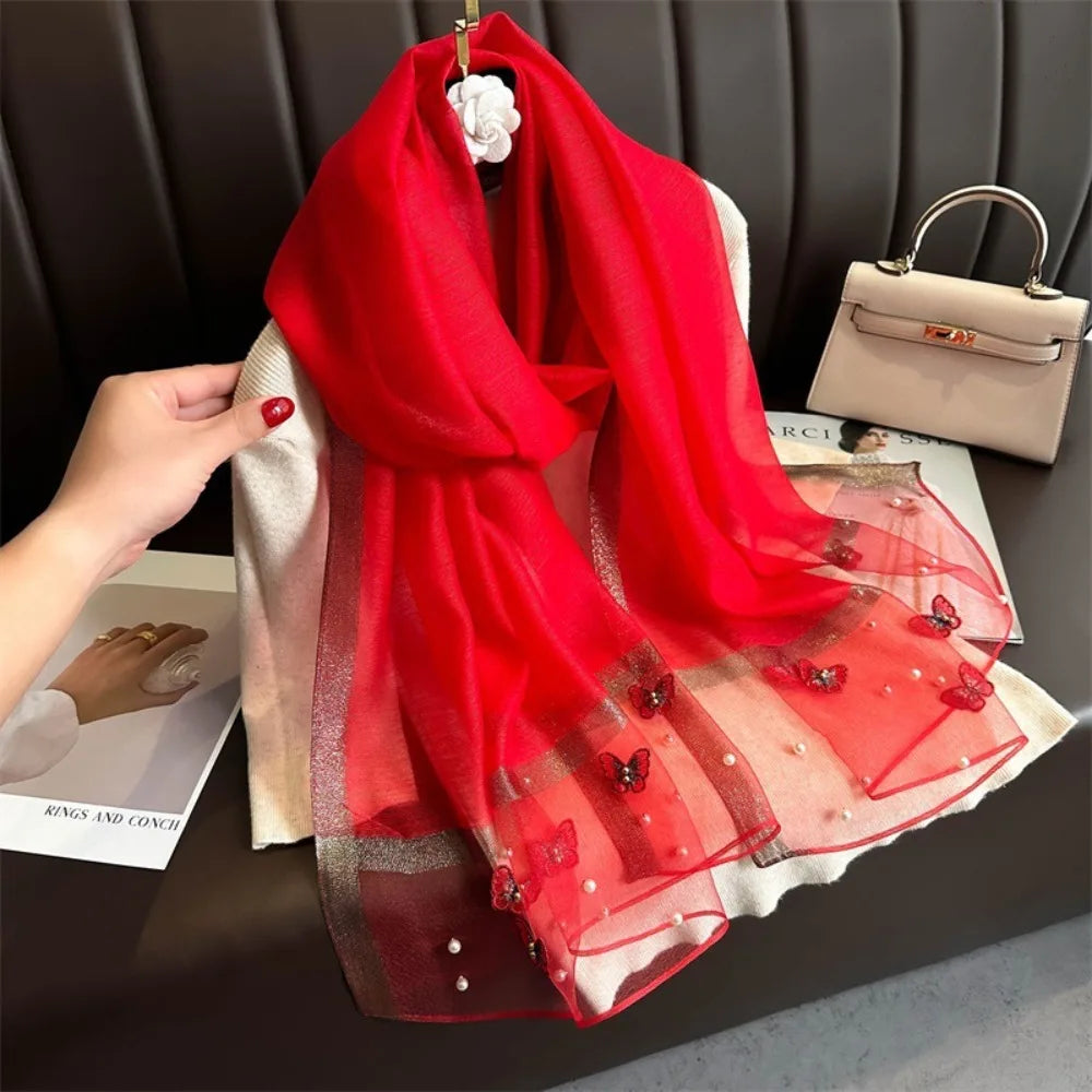 Foulard Soie Broderie Papillon Femme - Écharpe Châle Hijab Luxe Léger Élégant