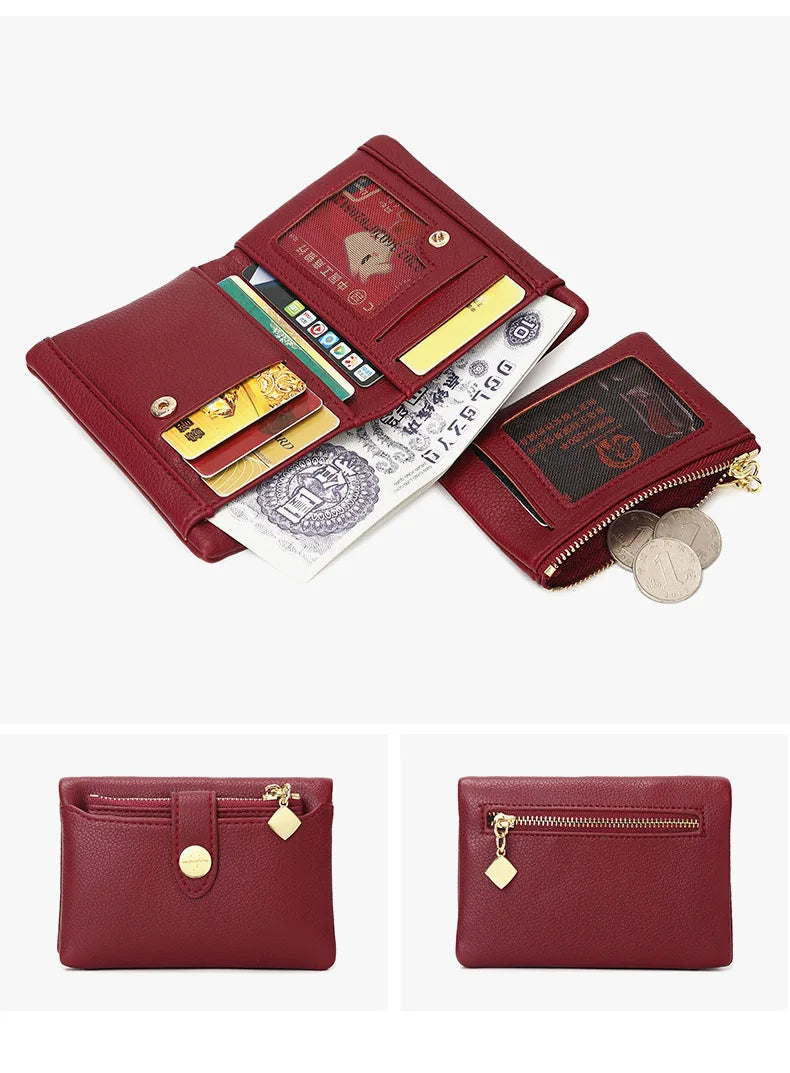 Portefeuille Femme Cuir PU Double Pliage - Porte-Cartes Court Multi-Fonctions Monnaie