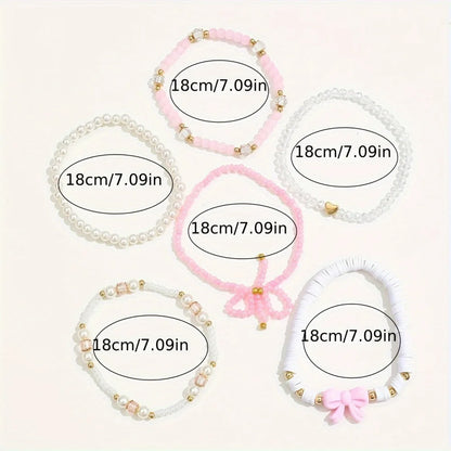 Ensemble 6 Bracelets Roses Nœuds Cœurs Y2K – Perles Acrylique Bohème