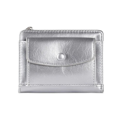 Portefeuille Femme Court Cuir PU Argenté - Porte-Carte Zippé Ultra Fin Multifonction Élégant