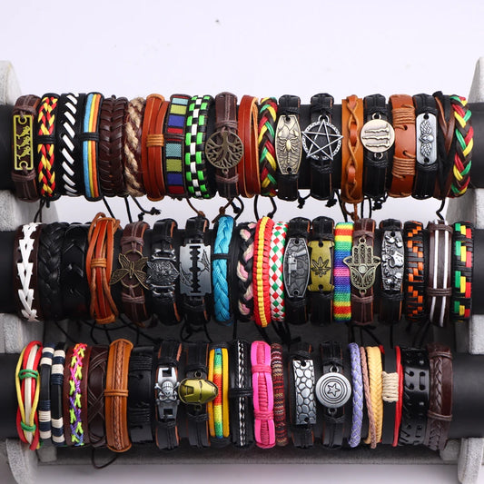 Lot 20 Bracelets Cuir Vintage Ajustables – Mix Styles Multicolores Unisexe