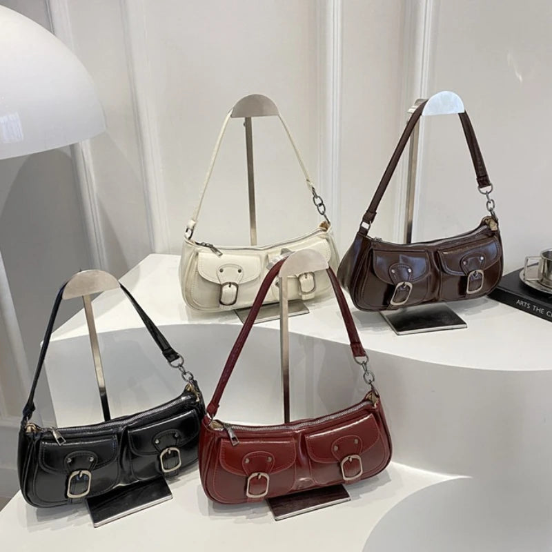 Sac Épaule Femme Cuir PU Y2K Vintage - Petit Sac Aisselle Double Poche Design Fashion Clutch Purse