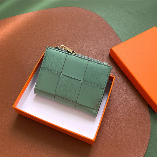 Portefeuille Femme Cuir Tressé - Porte-Monnaie Bifold Multi-Cartes Compact