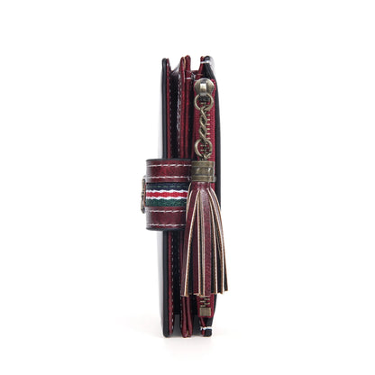 Portefeuille Femme Cuir Ciré Glands - Porte-Monnaie Tri-Fold Multi-Fentes Fermeture Éclair