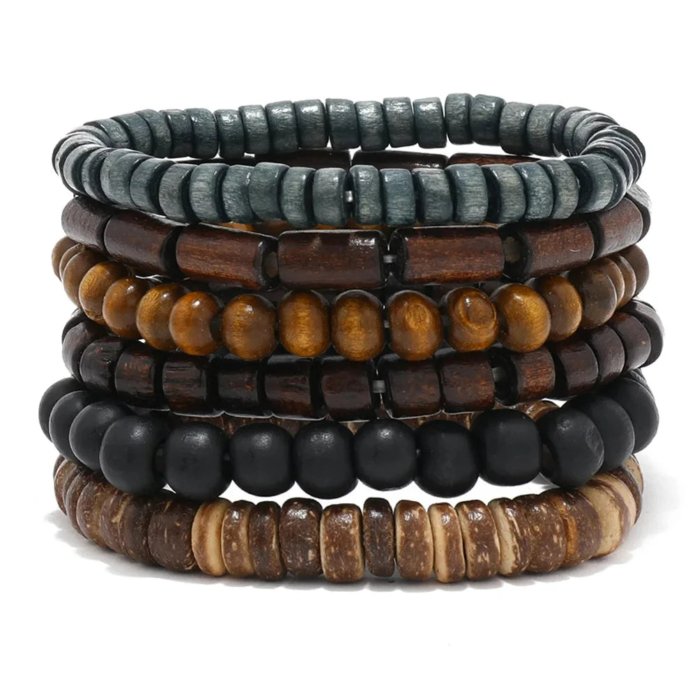 Bracelet Bohème Cuir & Perles Bois Homme – Tressé Main, 26 Coloris
