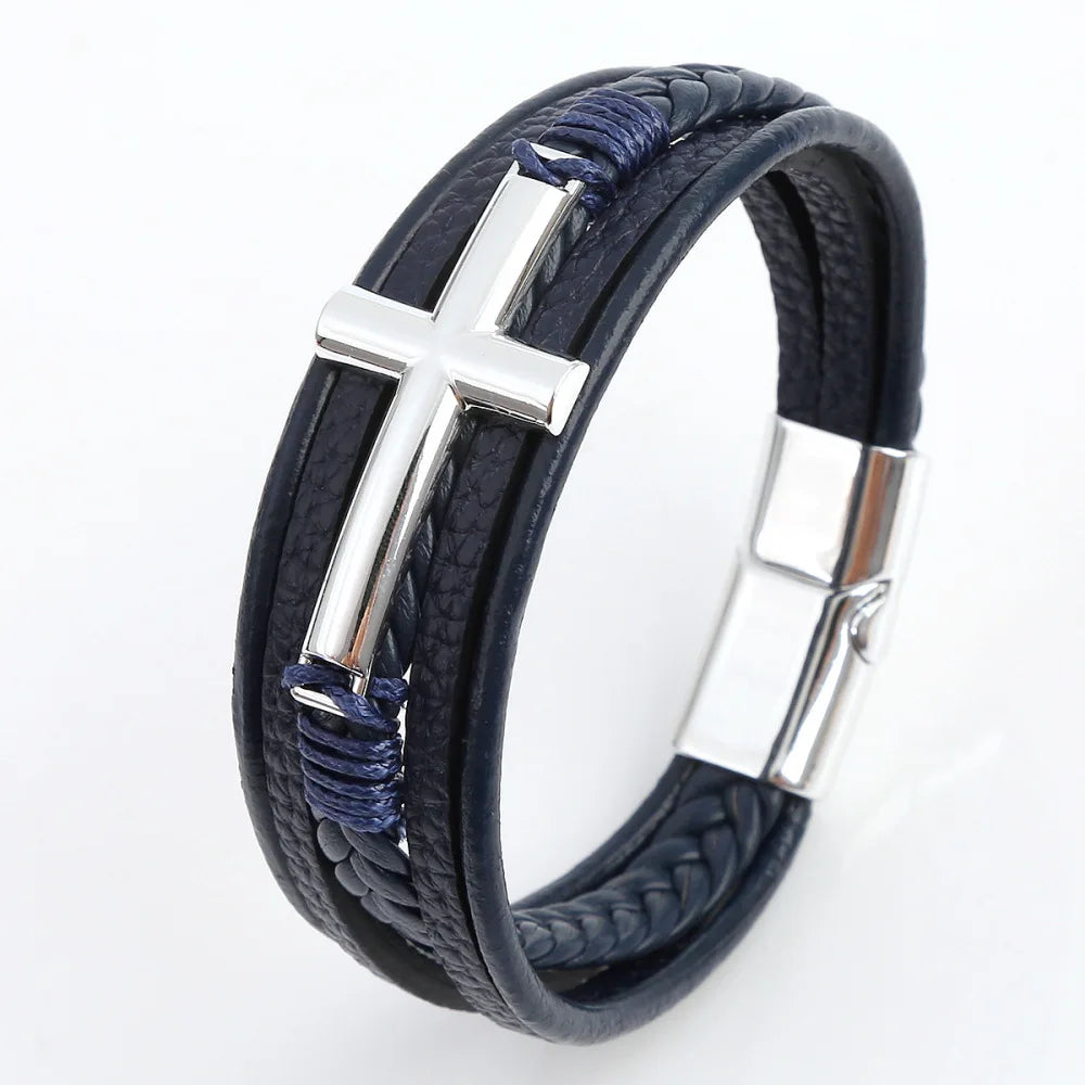 Bracelet Cuir Tressé Multicouche Punk – Boucle Magnétique Croix Homme