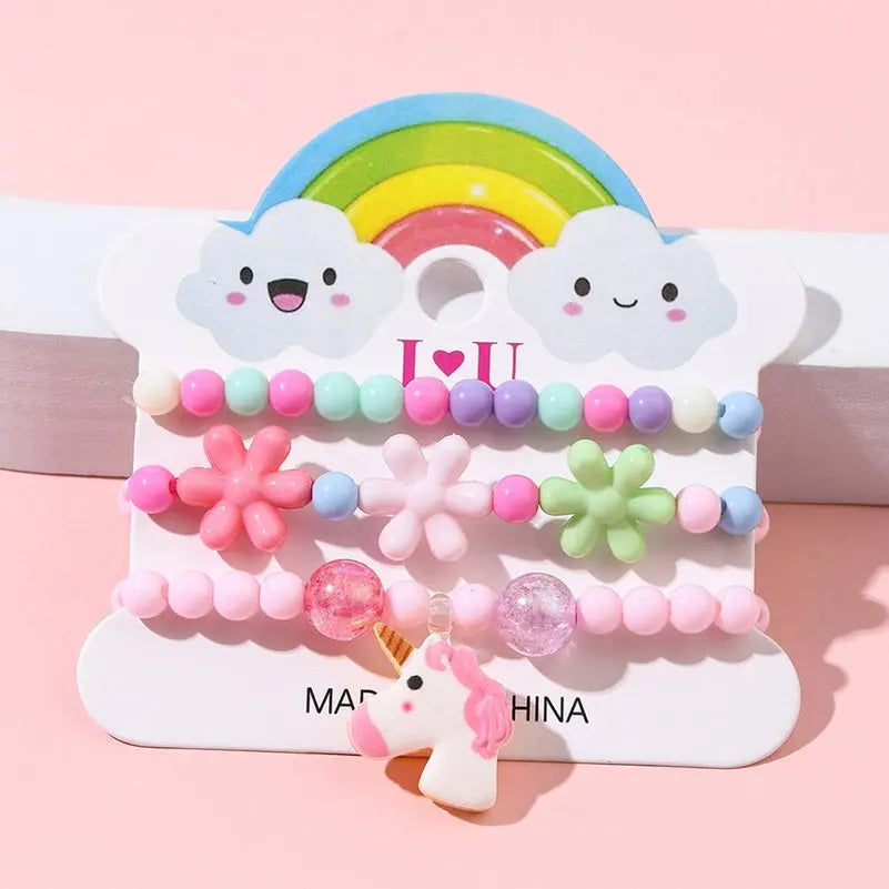 Ensemble 3 Bracelets Perles Cartoon Mignons Enfants – Princesse Licorne Fruits Chat Filles