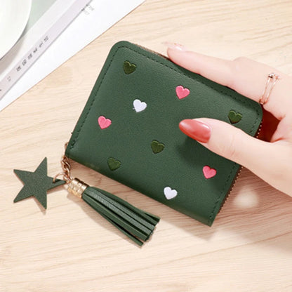 Portefeuille Femme Mini Court Pompon Zippé - Porte-Monnaie Cuir PU Cute Porte-Carte Main Vert