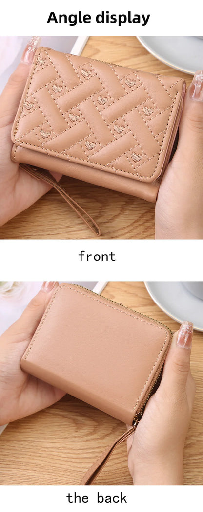 Portefeuille Femme Court Brodé Amour - Fermeture Éclair Grande Capacité Multi-Cartes