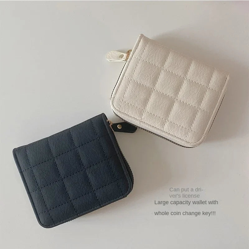 Portefeuille Court Femme Cuir PU à Carreaux - Petit Porte-Cartes avec Zip et Porte-Monnaie