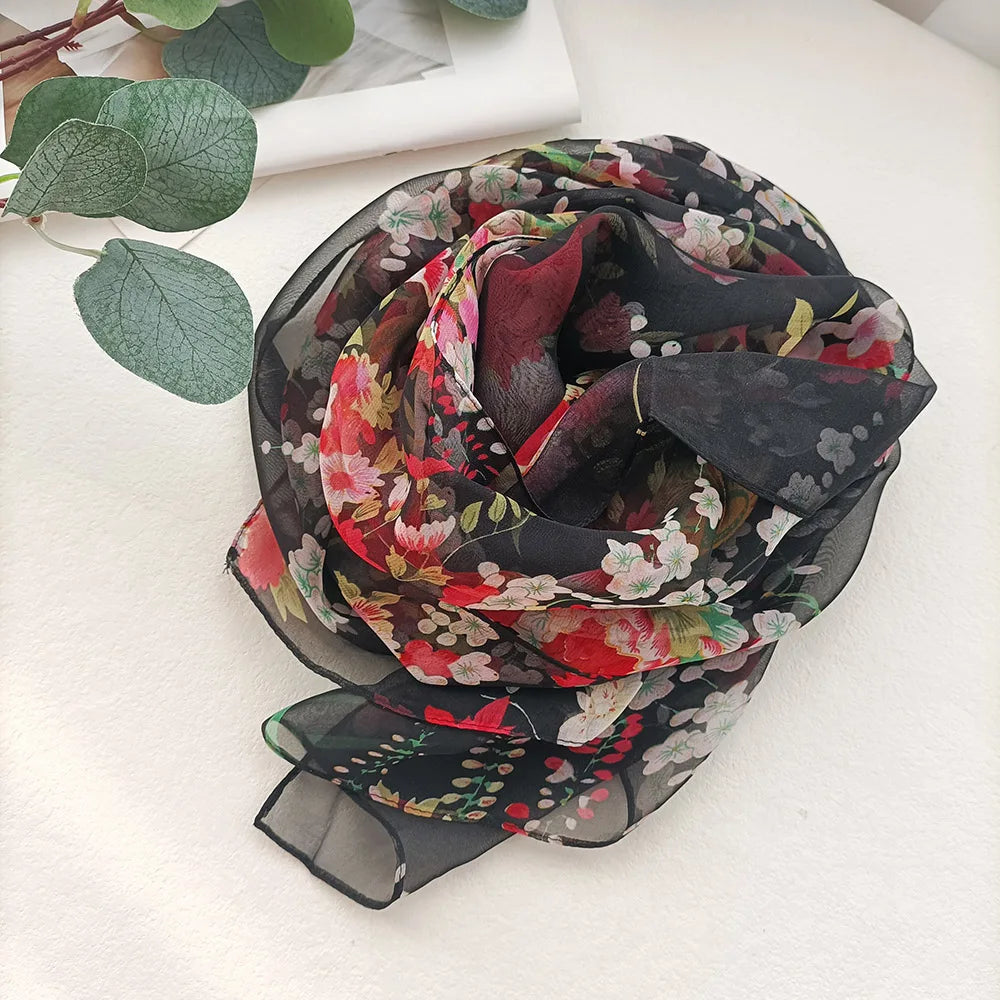 Foulard Écharpe Mousseline Georgette Femme Fleur Prune - Bandana Été Léger Respirant