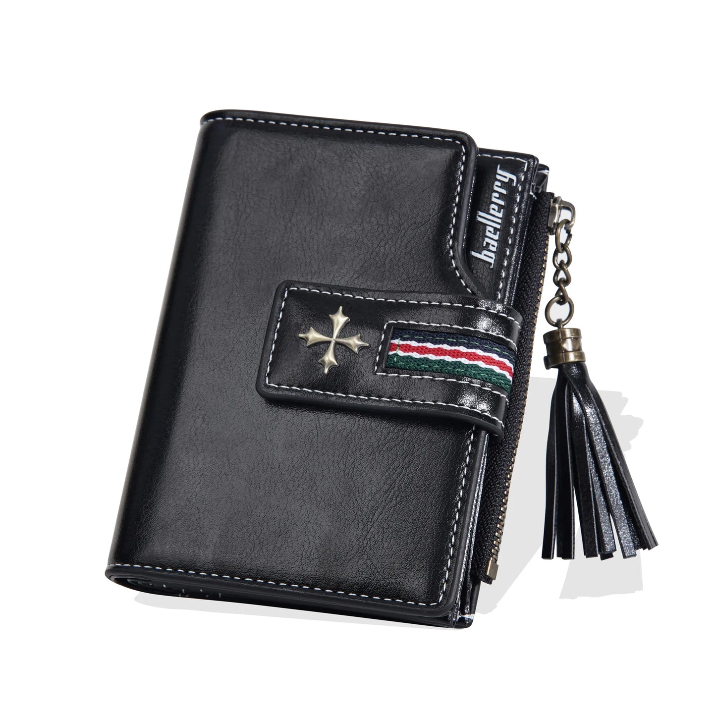 Portefeuille Femme Cuir Ciré Glands - Porte-Monnaie Tri-Fold Multi-Fentes Fermeture Éclair