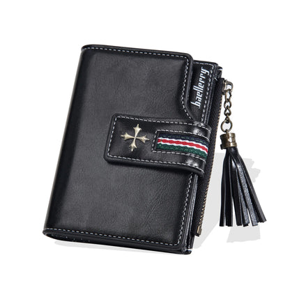Portefeuille Femme Cuir Ciré Glands - Porte-Monnaie Tri-Fold Multi-Fentes Fermeture Éclair