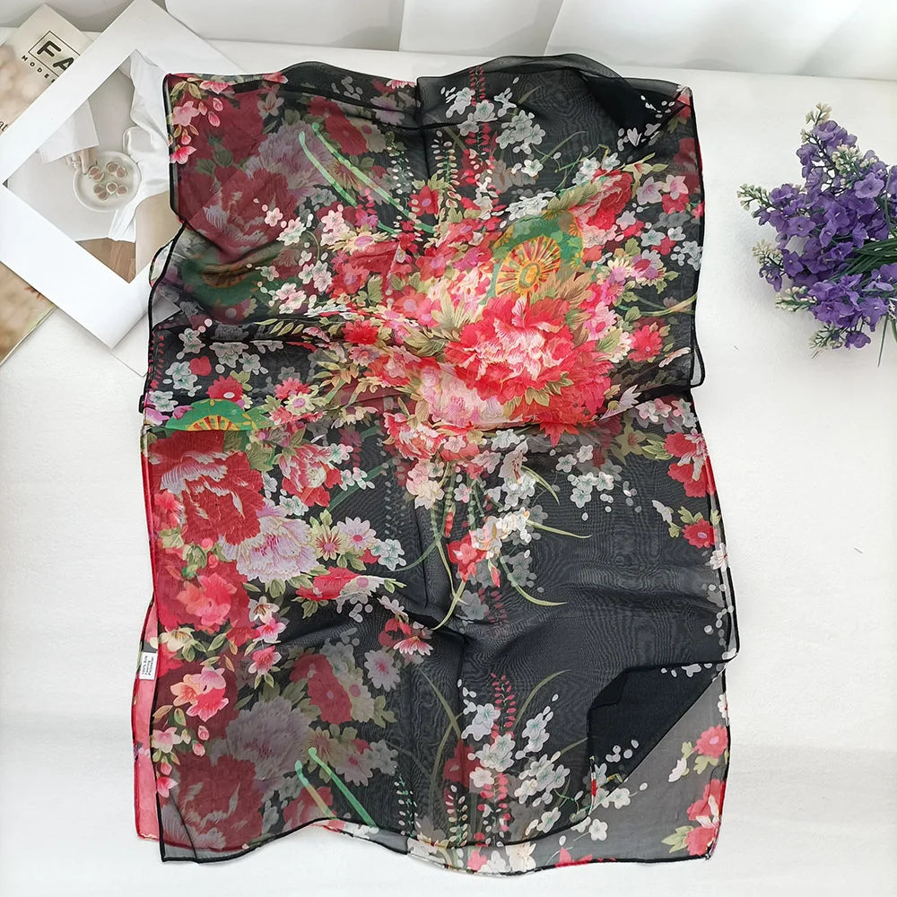 Foulard Écharpe Mousseline Georgette Femme Fleur Prune - Bandana Été Léger Respirant