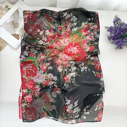 Foulard Écharpe Mousseline Georgette Femme Fleur Prune - Bandana Été Léger Respirant