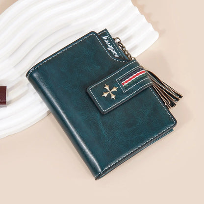 Portefeuille Femme Cuir Ciré Glands - Porte-Monnaie Tri-Fold Multi-Fentes Fermeture Éclair