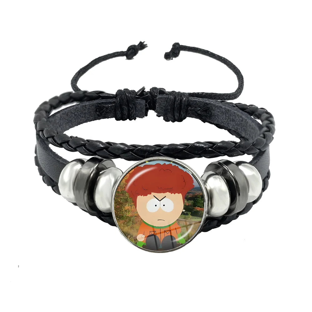 Bracelet South Park Cabochon Verre – Cuir Multicouche Tressé Fait Main Unisexe