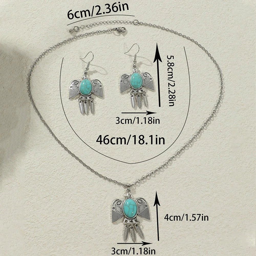 Ensemble Bijoux Bohème Turquoise Oiseaux – Boucles Pendantes Argent Antique
