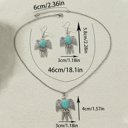 Ensemble Bijoux Bohème Turquoise Oiseaux – Boucles Pendantes Argent Antique
