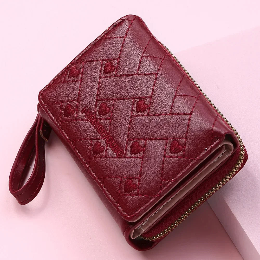 Portefeuille Femme Mignon Cœur Brodé Cuir PU - Trifold Multi-Cartes avec Porte-Monnaie