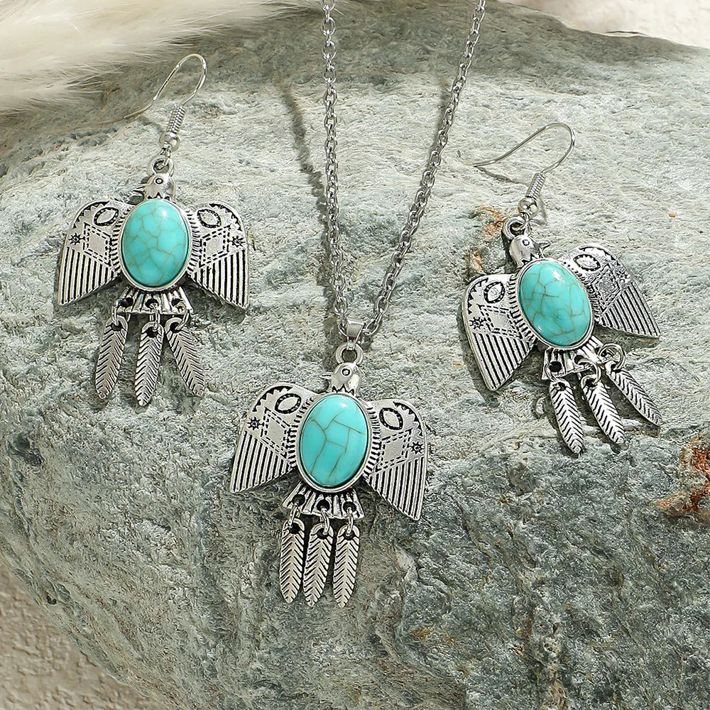 Ensemble Bijoux Bohème Turquoise Oiseaux – Boucles Pendantes Argent Antique