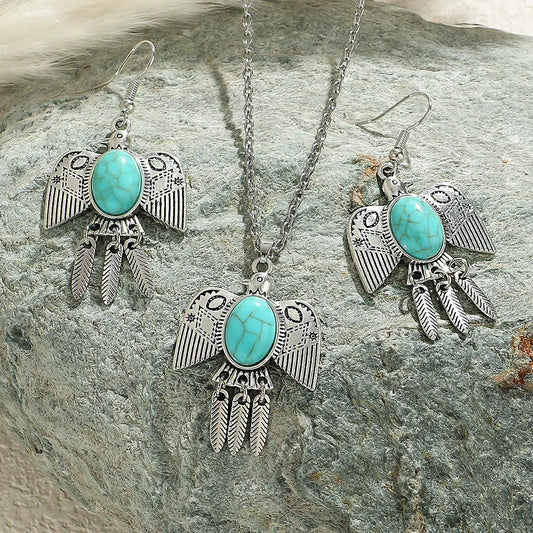 Ensemble Bijoux Bohème Turquoise Oiseaux – Boucles Pendantes Argent Antique