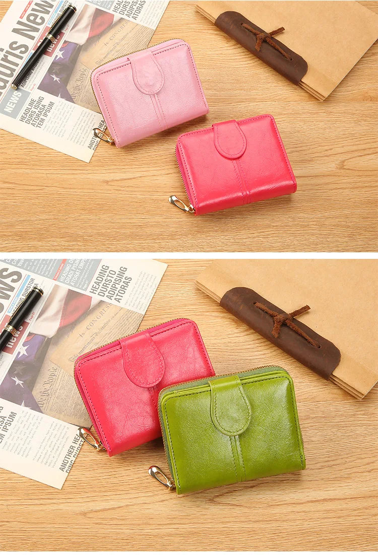 Portefeuille Femme Cuir Bifold Court Rose - Wallet Porte-Cartes Zipper Coin Pouch