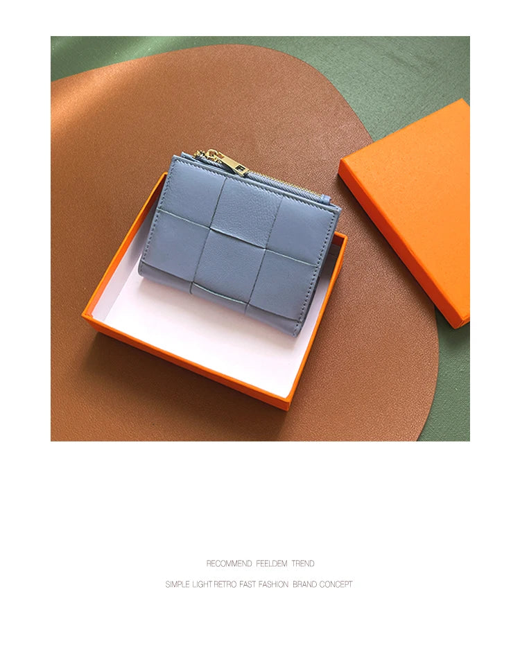 Portefeuille Femme Cuir Tressé - Porte-Monnaie Bifold Multi-Cartes Compact