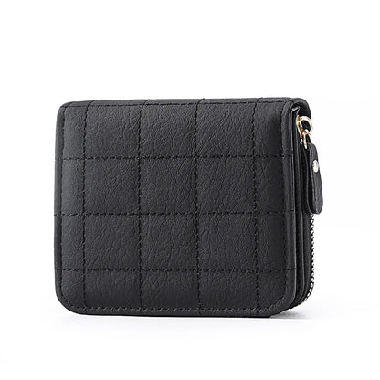 Portefeuille Femme Court Cuir PU Carreaux Zippé - Porte-Carte Monnaie Compact Fashion Noir