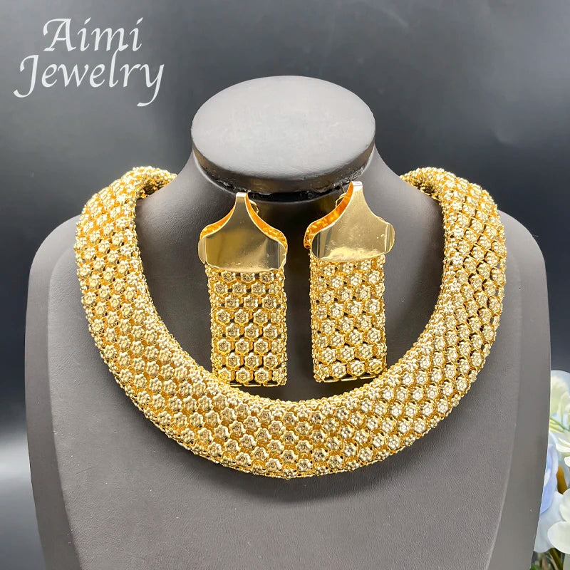 Parure Africaine Dubai Plaqué Or 18k - Collier Chaînes Larges, Boucles et Bracelet