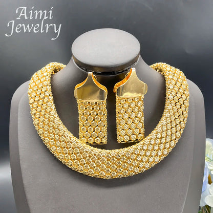 Parure Africaine Dubai Plaqué Or 18k - Collier Chaînes Larges, Boucles et Bracelet