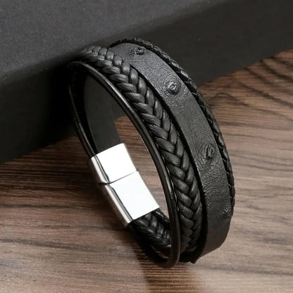 Bracelet Cuir Tressé Multicouche Punk – Boucle Magnétique Croix Homme