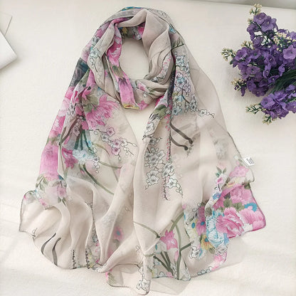 Foulard Écharpe Mousseline Georgette Femme Fleur Prune - Bandana Été Léger Respirant