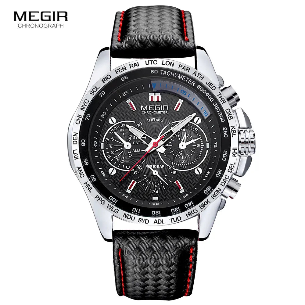 Montre Homme MEGIR Quartz Cuir Étanche - Fashion Casual Noir Blanc Relogio Masculino 1010