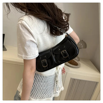 Sac Épaule Femme Cuir PU Y2K Vintage - Petit Sac Aisselle Double Poche Design Fashion Clutch Purse