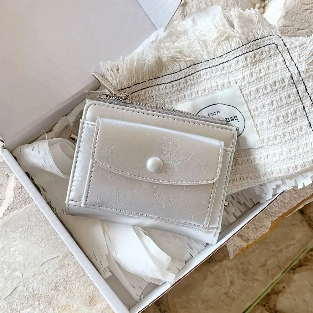 Portefeuille Femme Court Cuir PU Argenté - Porte-Carte Zippé Ultra Fin Multifonction Élégant